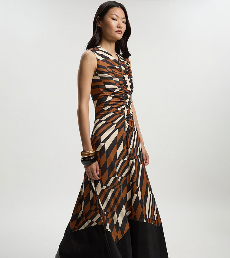 Geo Printed Jersey Crepe Hanky Hem Maxi Dress