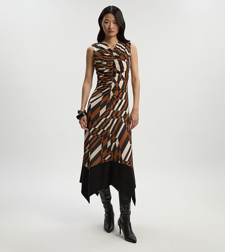 Geo Printed Jersey Crepe Hanky Hem Maxi Dress