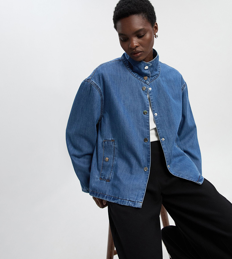 Pocket Detail High Neck Denim Jacket