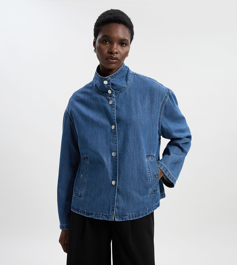 Pocket Detail High Neck Denim Jacket
