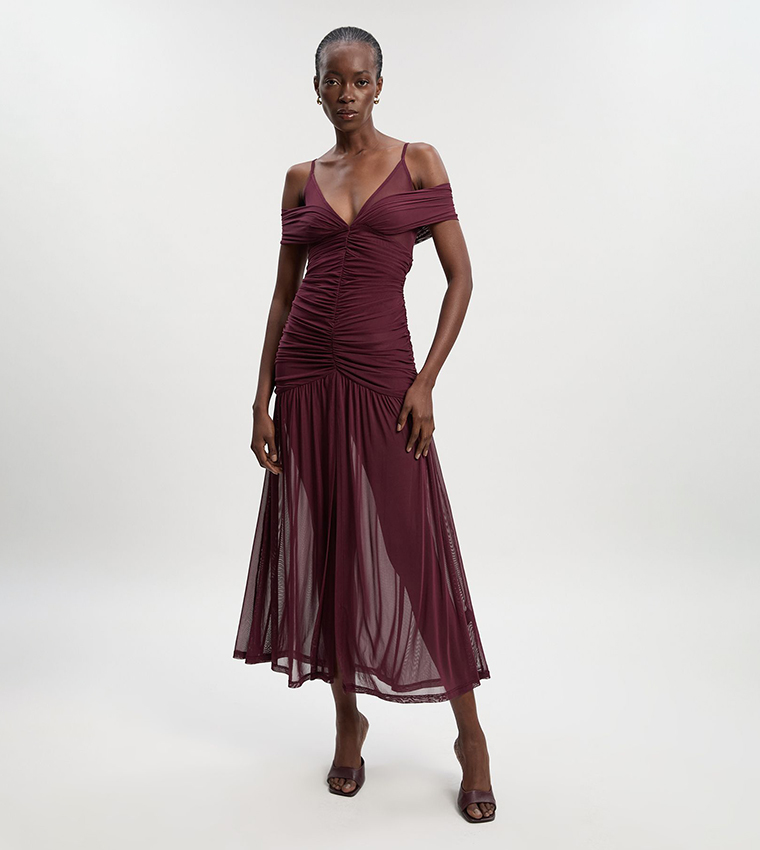 Mesh Plunge Strappy Detail Midaxi Dress