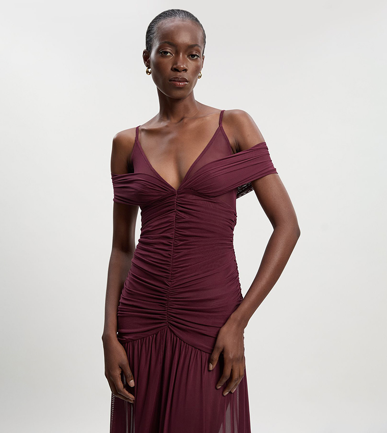 Mesh Plunge Strappy Detail Midaxi Dress