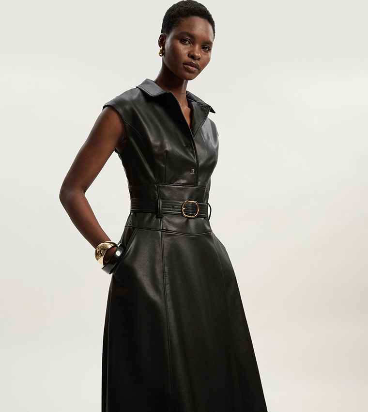 Faux Leather Belted Midi Dress