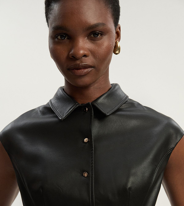 Faux Leather Belted Midi Dress