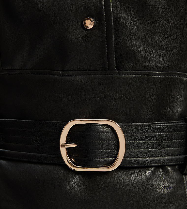 Faux Leather Belted Midi Dress