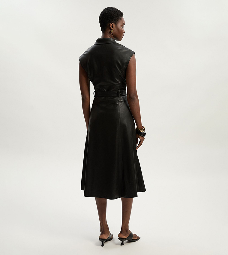 Faux Leather Belted Midi Dress