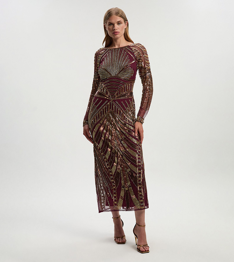 Petite Premium Crystal Embellished Long Sleeves Midaxi Dress