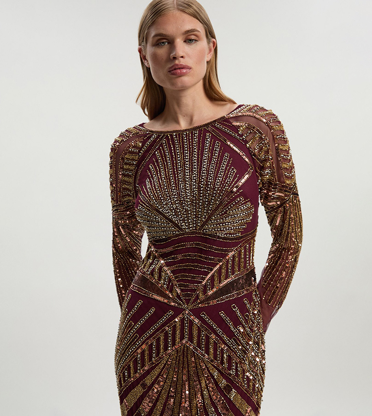 Petite Premium Crystal Embellished Long Sleeves Midaxi Dress