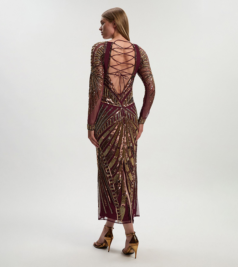 Petite Premium Crystal Embellished Long Sleeves Midaxi Dress