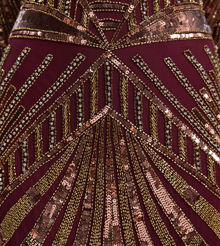 Petite Premium Crystal Embellished Long Sleeves Midaxi Dress