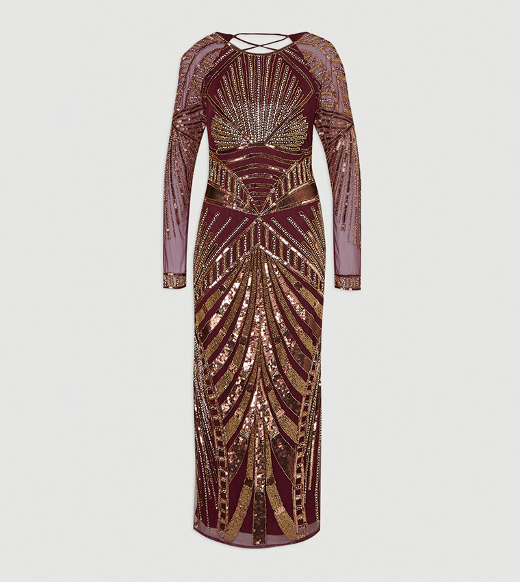Petite Premium Crystal Embellished Long Sleeves Midaxi Dress