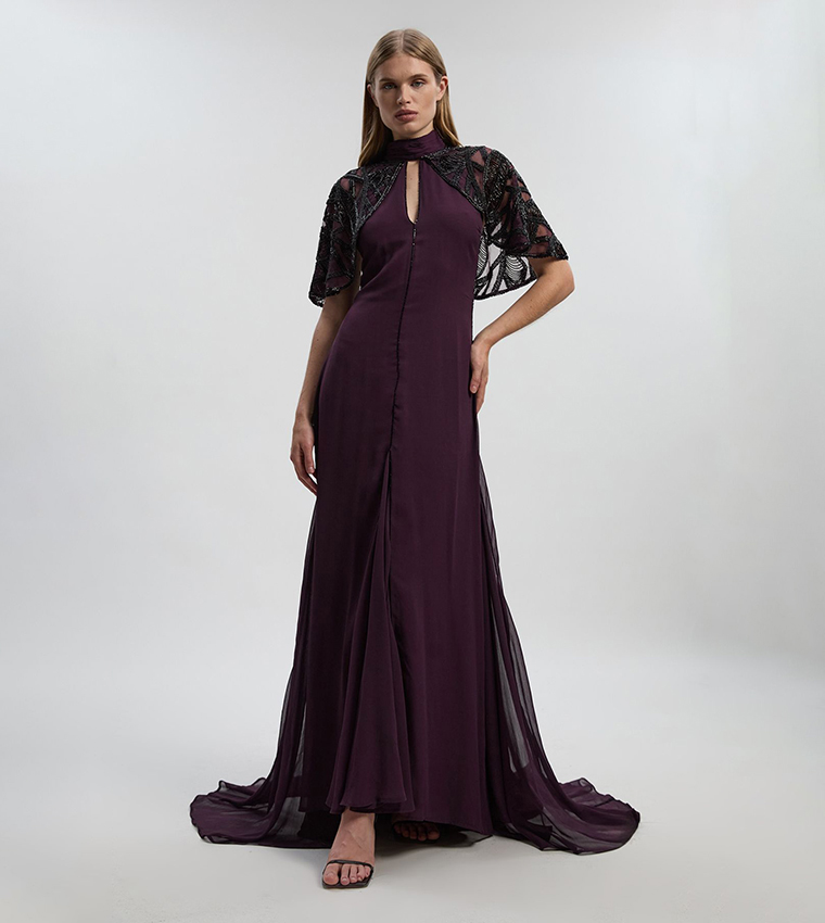 Embellished Cutwork Cape Detail Woven Maxi Dress
