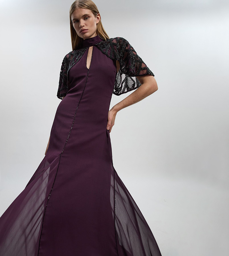 Embellished Cutwork Cape Detail Woven Maxi Dress