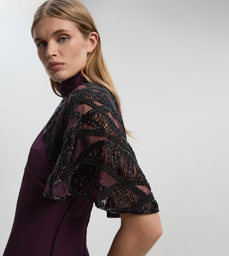 Embellished Cutwork Cape Detail Woven Maxi Dress