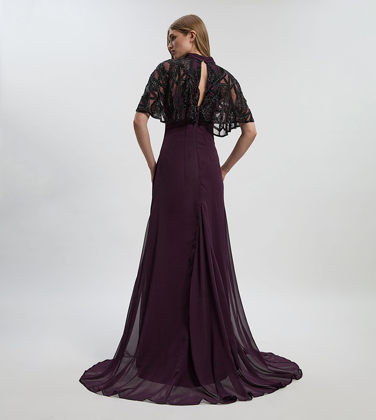 Embellished Cutwork Cape Detail Woven Maxi Dress