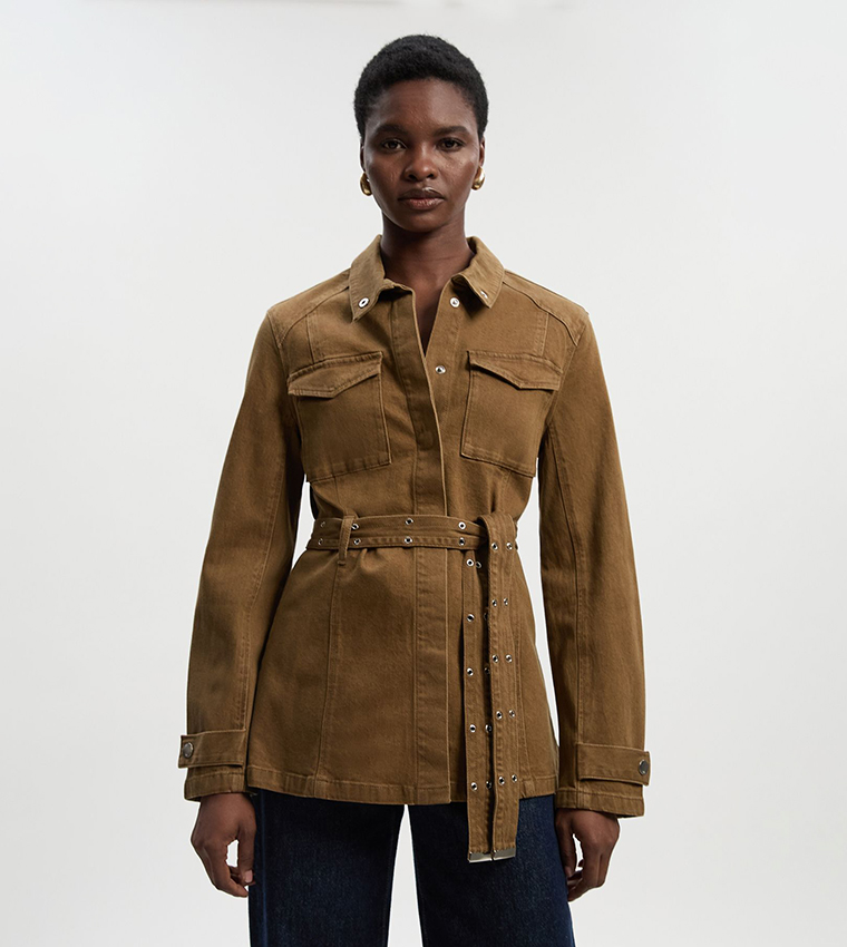 Washed Utility Belted Denim Jacket