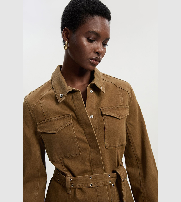 Washed Utility Belted Denim Jacket