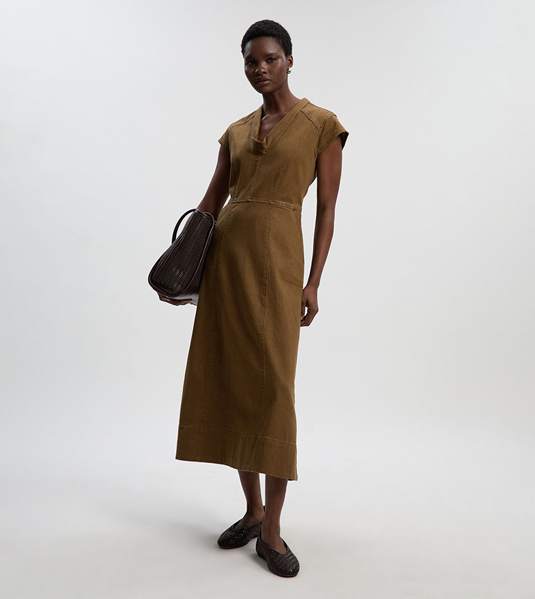 Buy Karen Millen Washed Cowl Neck Denim Midi Dress In Brown