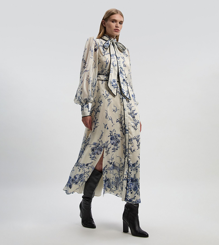 Floral Print Tie Neck Woven Balloon Sleeves Midaxi Dress