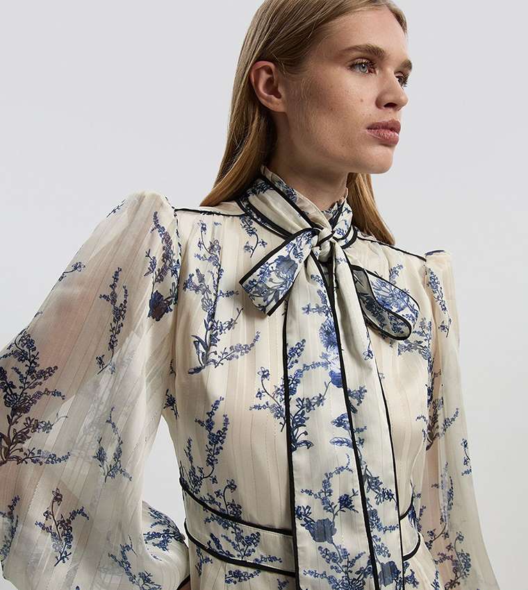 Floral Print Tie Neck Woven Balloon Sleeves Midaxi Dress