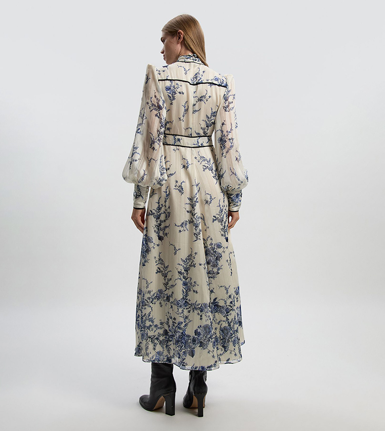 Floral Print Tie Neck Woven Balloon Sleeves Midaxi Dress