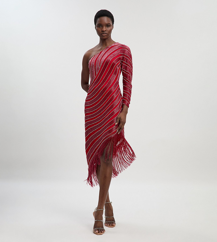 Petite Thigh High Split Embellished Fringed Midi Dress