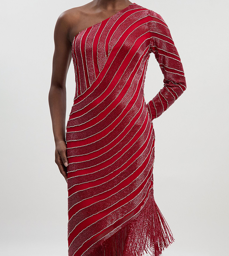 Petite Thigh High Split Embellished Fringed Midi Dress