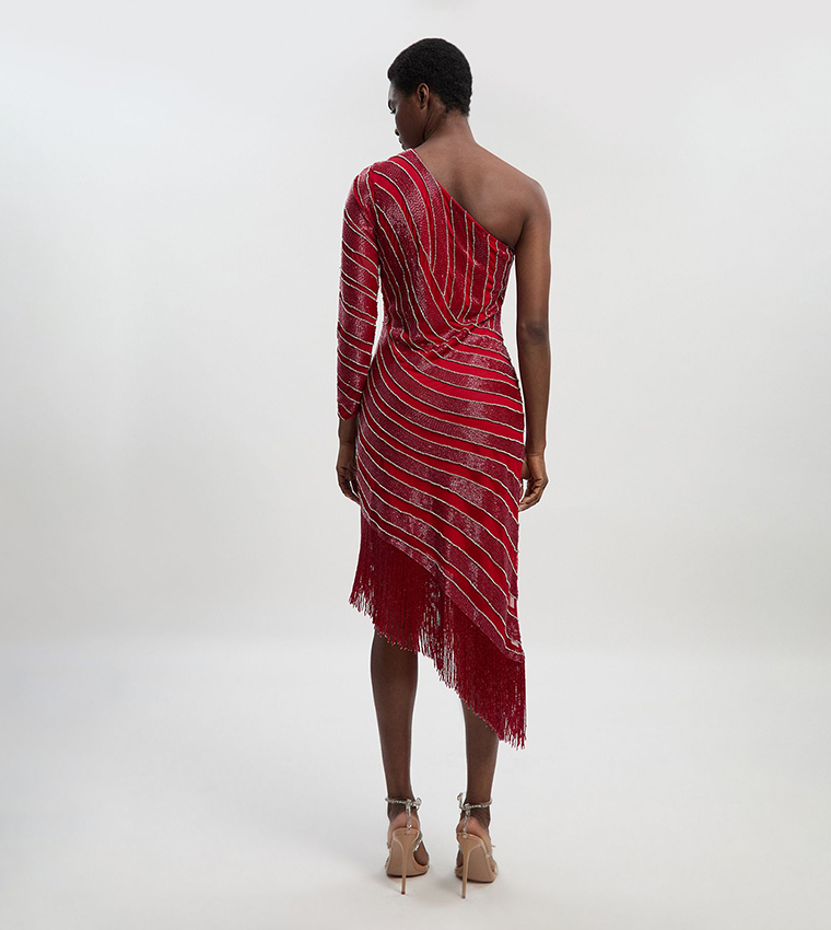 Petite Thigh High Split Embellished Fringed Midi Dress