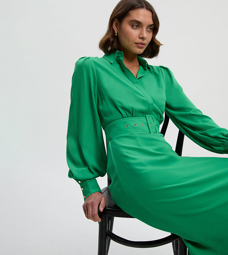 Georgette Belted Woven Belted Midi Dress