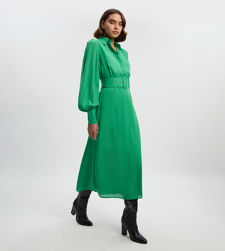Georgette Belted Woven Belted Midi Dress