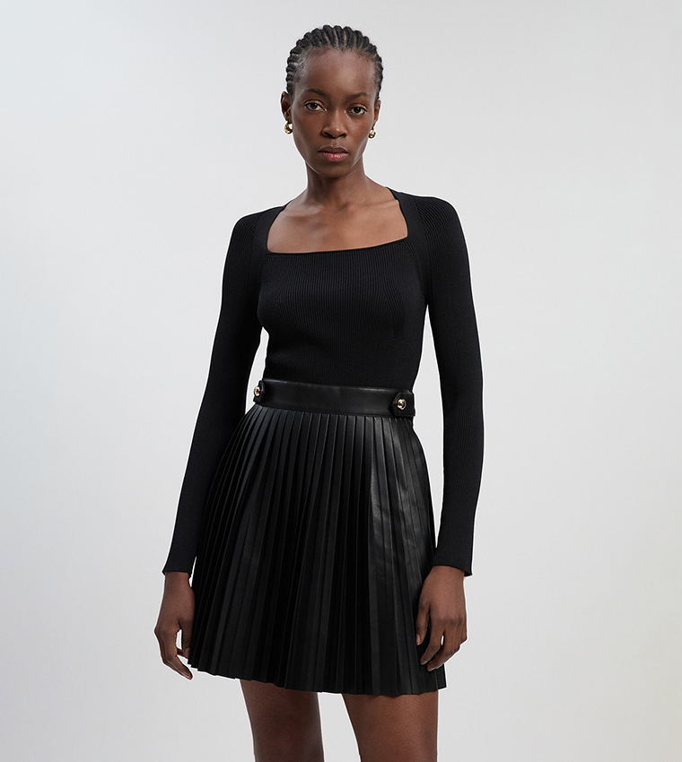 Viscose Ribbed PU Mix Tab Detail Pleated Knit Mini Dress