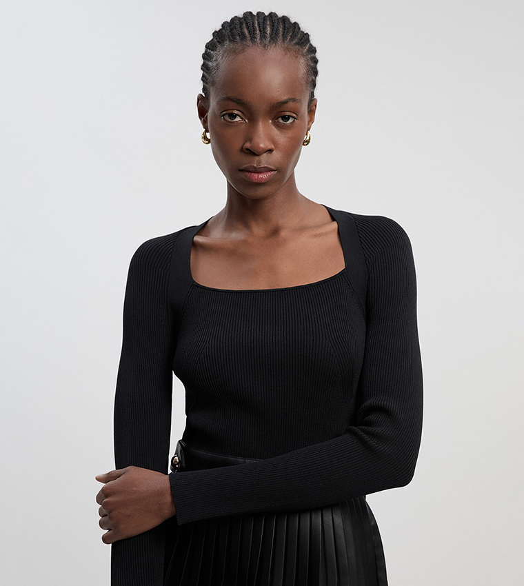 Viscose Ribbed PU Mix Tab Detail Pleated Knit Mini Dress