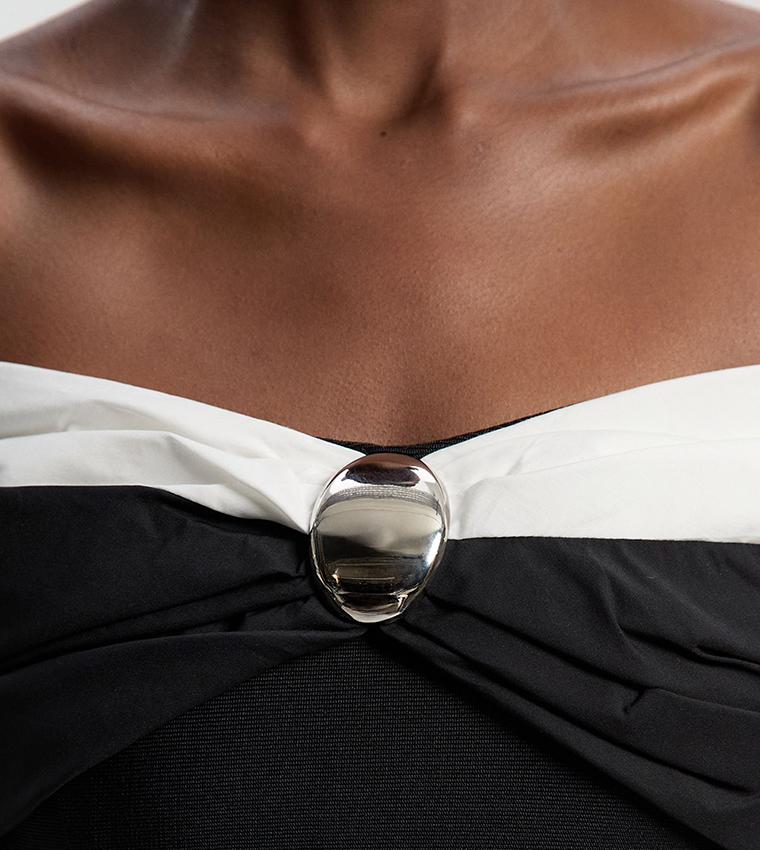 Taffeta Bardot Figure Form Midi Dress