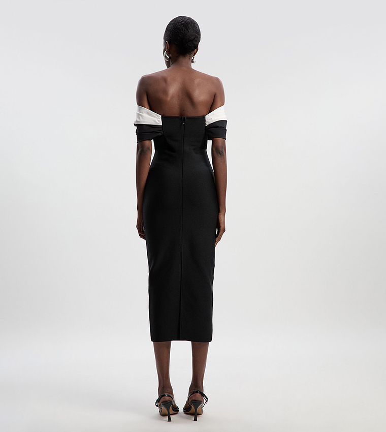 Taffeta Bardot Figure Form Midi Dress