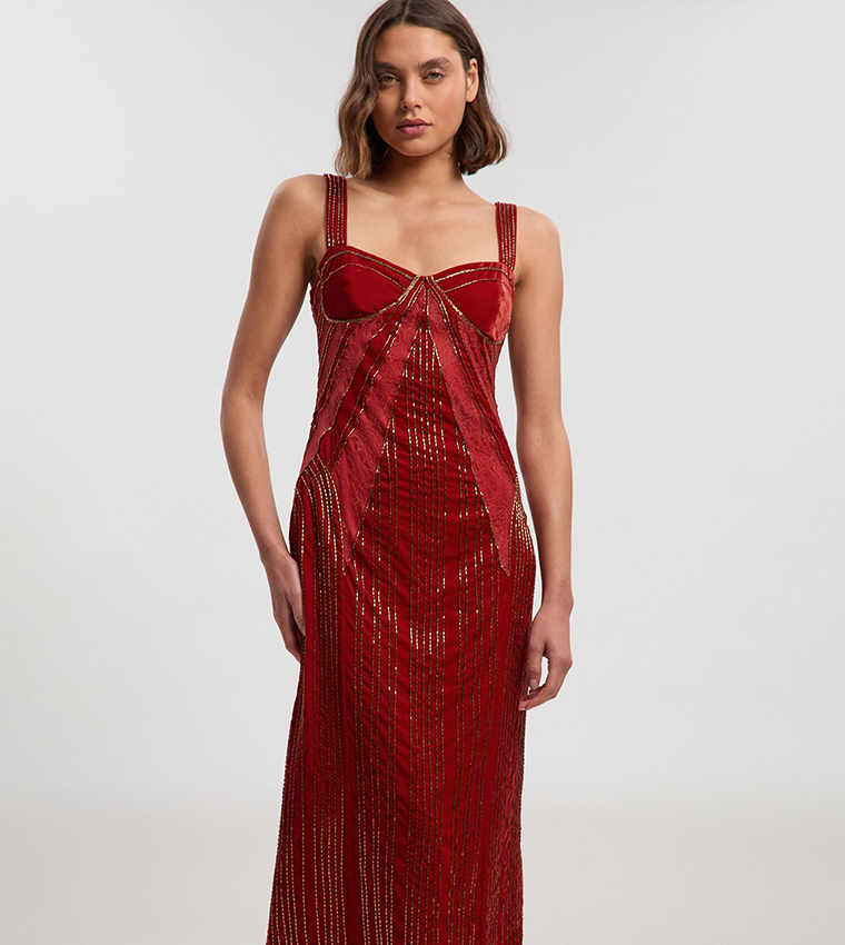 Velvet Embellished Strappy Midi Dress