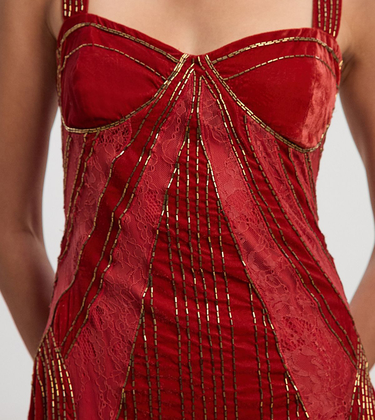 Velvet Embellished Strappy Midi Dress
