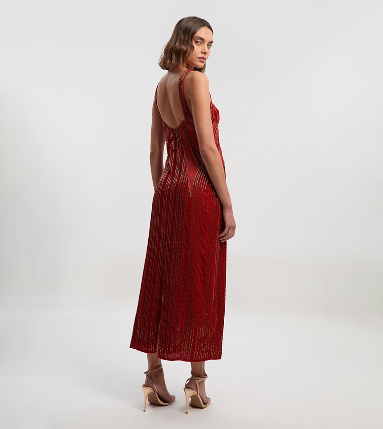 Velvet Embellished Strappy Midi Dress