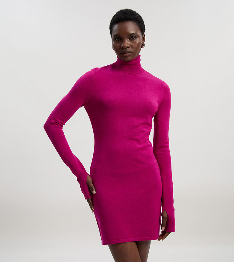 Viscose Blend Roll Neck Thumbhole Cuff Knit Mini Dress