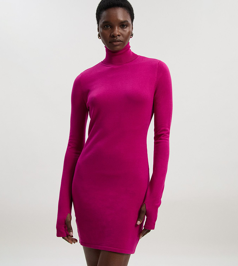 Viscose Blend Roll Neck Thumbhole Cuff Knit Mini Dress