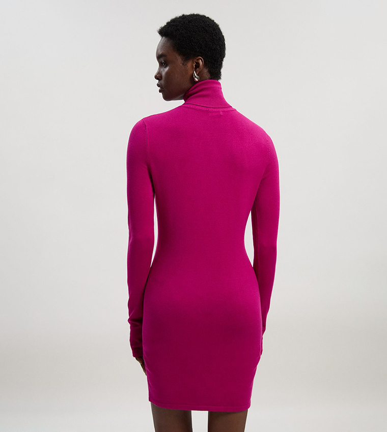 Viscose Blend Roll Neck Thumbhole Cuff Knit Mini Dress