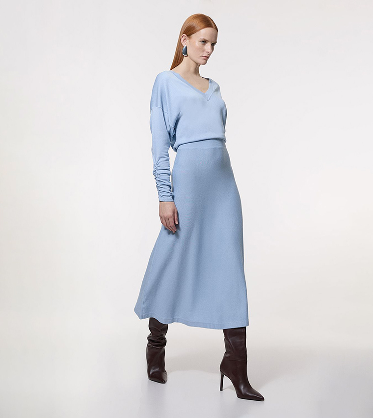 princess polly baby blue dress Pale Blue KarenMillen Petite Premium Drape Contrast Stitch Knit Pencil Dress