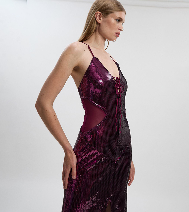 Petite Sequined Power Mesh Lace Up Front Split Maxi Party Dress