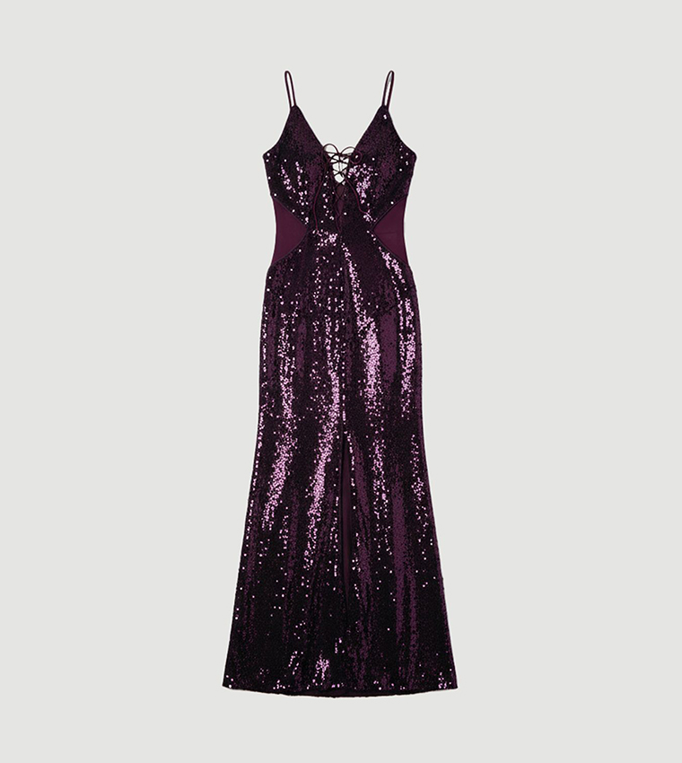 Petite Sequined Power Mesh Lace Up Front Split Maxi Party Dress