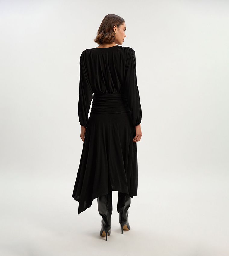 Drapey Crepe Ruched Plunge Neck Batwing Sleeves Maxi Dress