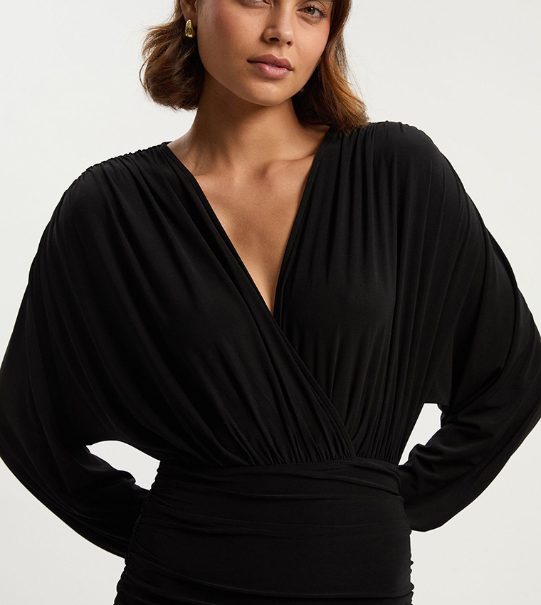 Drapey Crepe Ruched Plunge Neck Batwing Sleeves Maxi Dress