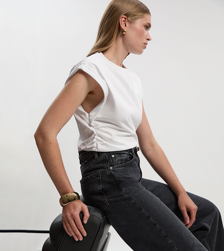 Solid Cotton Ruched Detail T-Shirt