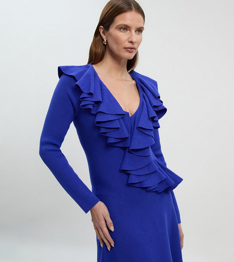 Compact Wool Look Ruffle V-Neck Midi Dress