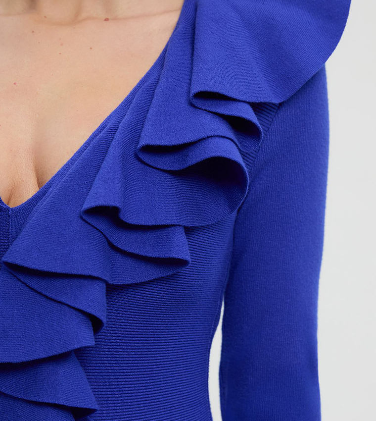 Compact Wool Look Ruffle V-Neck Midi Dress