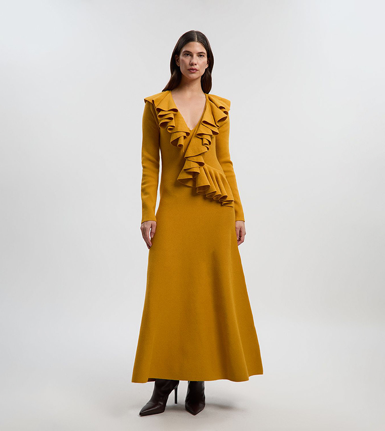 Compact Wool Look Ruffle V-Neck Midi Dress