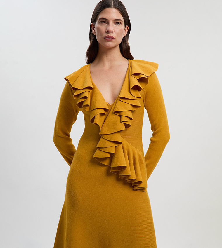 Compact Wool Look Ruffle V-Neck Midi Dress